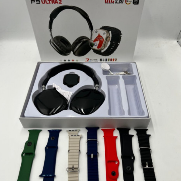 Reloj P9 Ultra 2 Smartwatch Negro con audífonos y 7 correas de colores