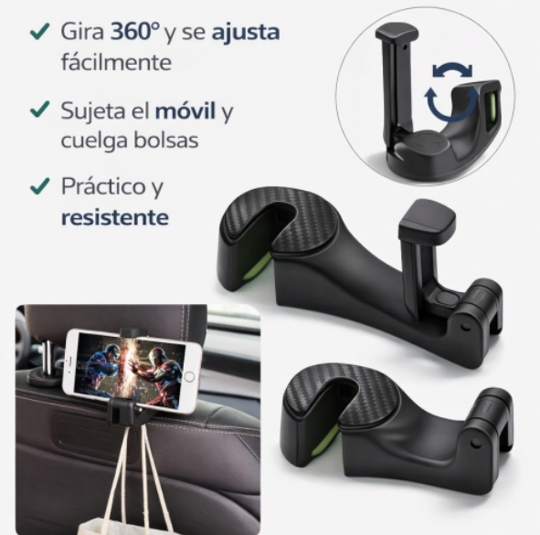 Soporte rotativo 2 en 1 para asiento de auto - porta celular y gancho para bolsas