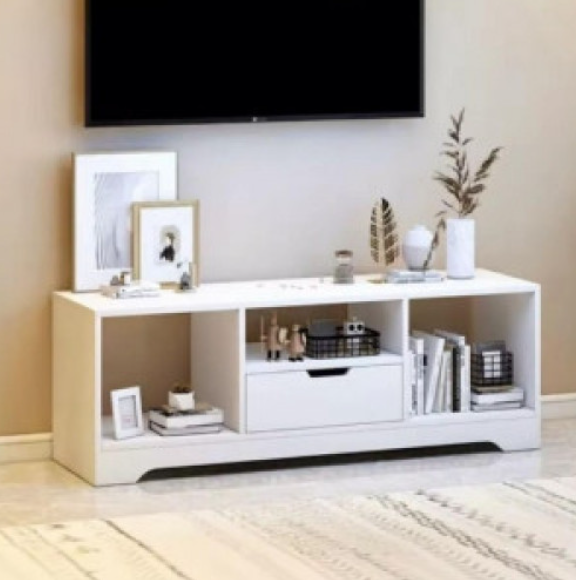 Mesa de TV Minimalista – Blanco Mate con Compartimentos