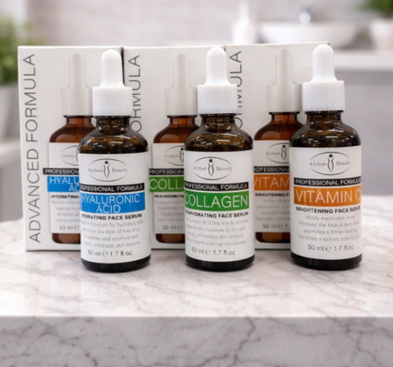 Kit Facial de Sérums – Ácido Hialurónico + Vitamina C + Colágeno (50ml c/u)