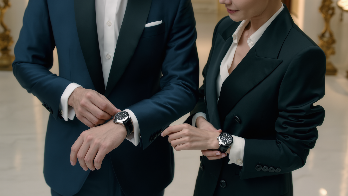 Lifestyle Rolex - Pareja con trajes oscuros ajustando relojes