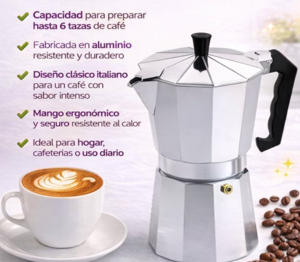 Greca cafetera moka aluminio 6 tazas diseño clásico italiano