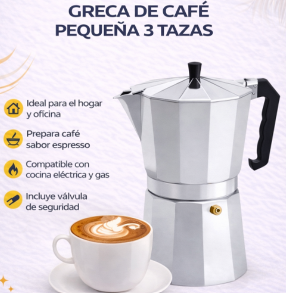 Greca cafetera moka aluminio 3 tazas estilo italiano cocina eléctrica y gas