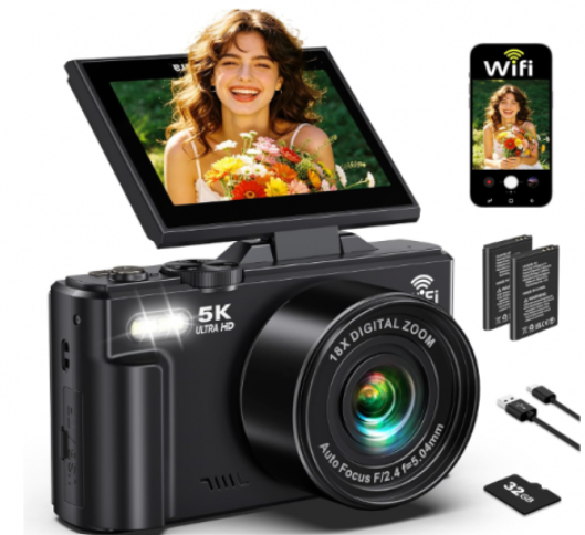 Cámara Digital 5K WiFi 75MP con Zoom 18X y Pantalla Abatible | Ideal para YouTube y Creadores de Contenido