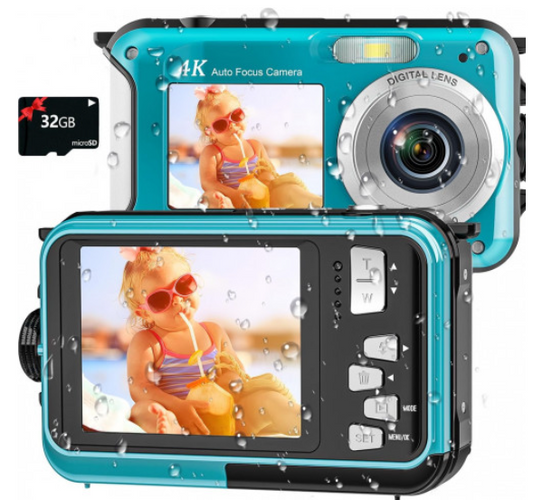 Cámara Subacuática 4K Impermeable 64MP con Enfoque Automático y Tarjeta de 32GB | Sumergible hasta 16 Pies