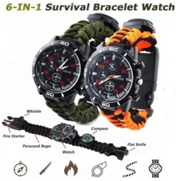 Reloj Táctico de Supervivencia 6 en 1 con Pulsera de Paracord, Brújula, Silbato, Pedernal y Termómetro