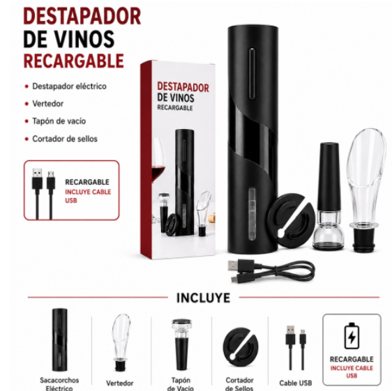 Destapador de Vino Eléctrico Recargable USB | Sacacorchos Automático para Botellas de Vino