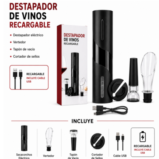 Destapador de Vino Eléctrico Recargable USB | Sacacorchos Automático para Botellas de Vino