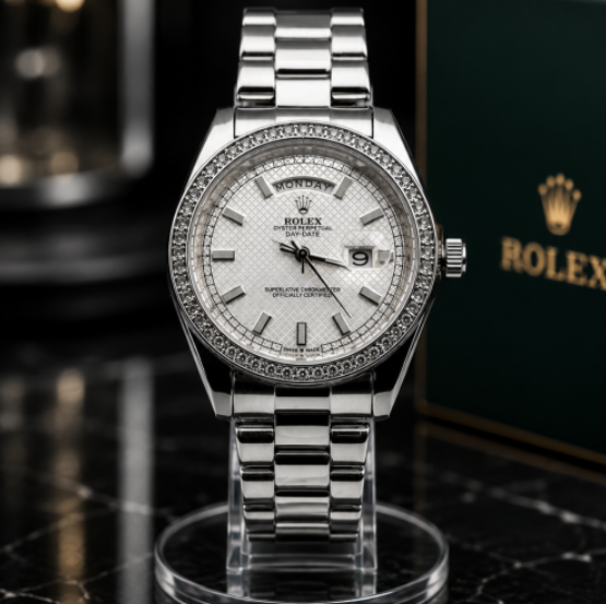 Reloj de Lujo Estilo Day-Date Baguette Plateado con Esfera Blanca | Elegancia y Distinción para Hombre