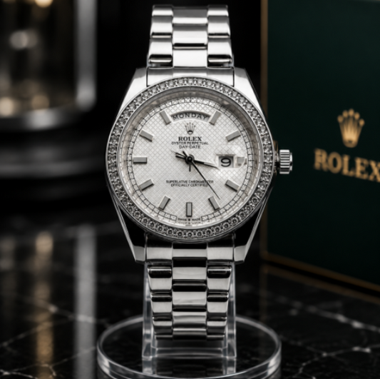 Reloj de Lujo Estilo Day-Date Baguette Plateado con Esfera Blanca | Elegancia y Distinción para Hombre