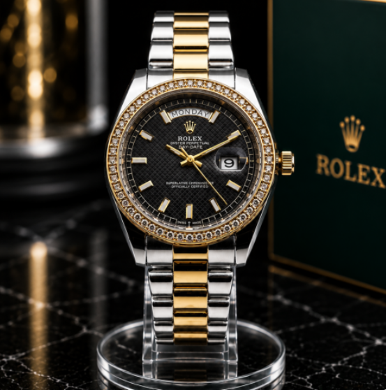 Reloj de Lujo Estilo Day-Date Baguette Bicolor con Esfera Negra | Elegancia y Presencia para Hombre