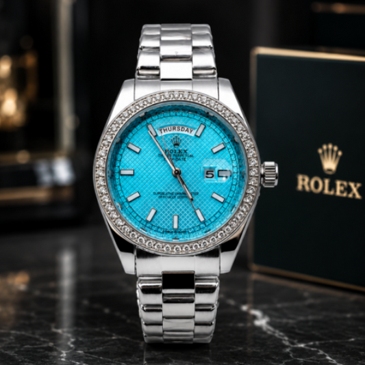 Reloj de Lujo Estilo Day-Date Baguette Plateado con Esfera Azul | Elegancia Premium para Hombre