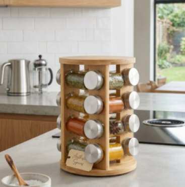 Organizador de Especias Giratorio 12 Frascos — Carrusel de Bambú para Cocina