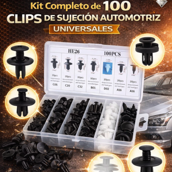 Kit completo 100 clips de sujeción automotriz universales HE26 con caja organizadora