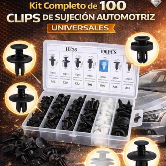 Kit completo 100 clips de sujeción automotriz universales HE26 con caja organizadora