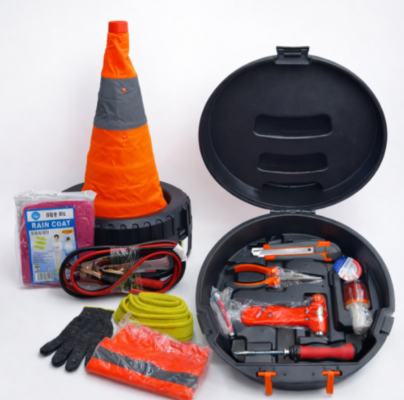 Kit de emergencia vial completo para auto con cono reflectivo cables herramientas linterna y estuche rígido
