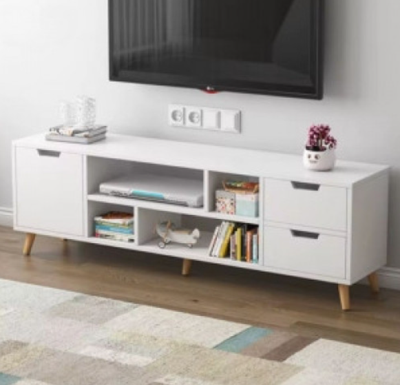 Mesa de TV Escandinava 3-en-1 – Puerta, Nichos y Cajones