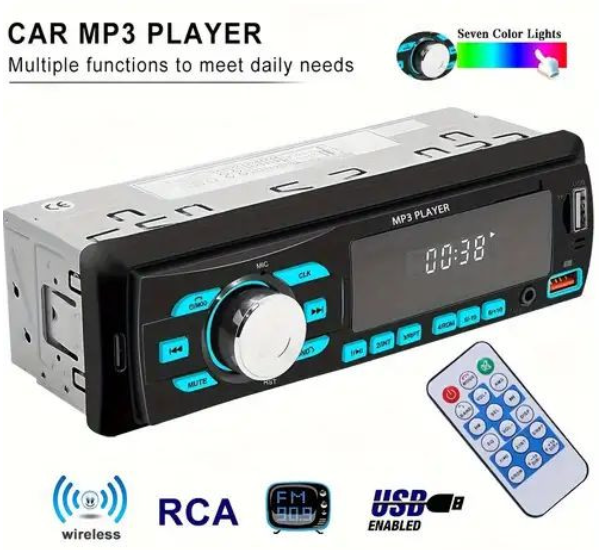 Radio Bluetooth estéreo para auto MP3 player FM USB TF AUX con control remoto y 7 colores