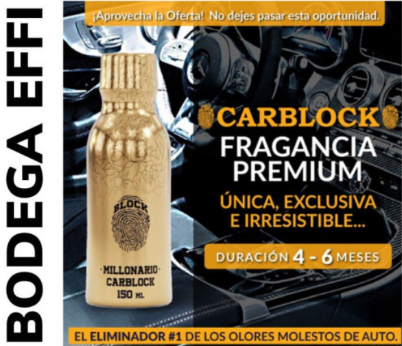 Carblock Millonario fragancia premium para auto 150ml Bodega Effi dura 4 a 6 meses