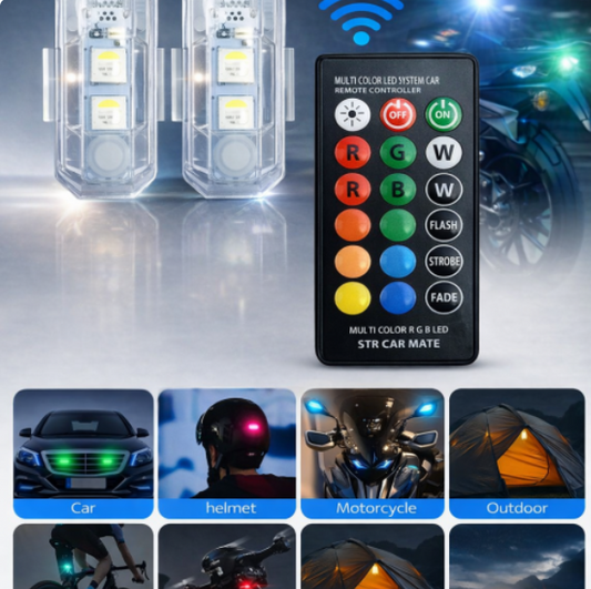 Set 2 luces estroboscópicas LED RGB con control remoto para auto moto dron bicicleta