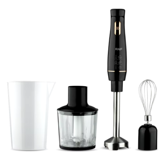 Batidora de mano 4 en 1 RAF negra con picador 500ml, vaso medidor y batidor de globo
