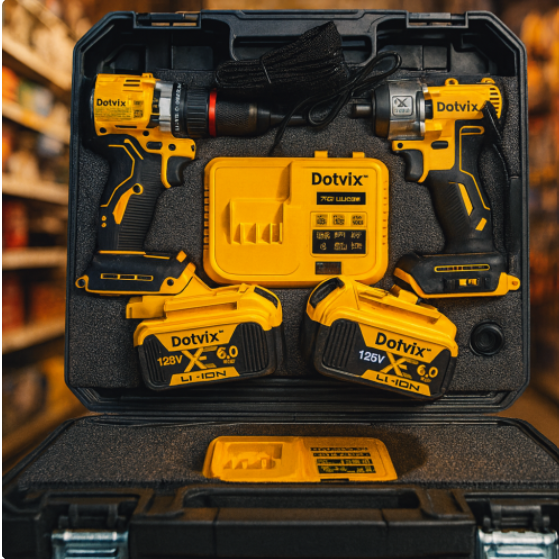 Kit taladro y atornillador inalámbrico DOTVIX 128V con 2 baterías y maletín AM-407