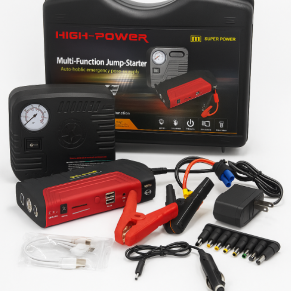 Jump Starter multifuncional High-Power con compresor de aire power bank linterna y maletín rígido