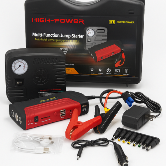 Jump Starter multifuncional High-Power con compresor de aire power bank linterna y maletín rígido