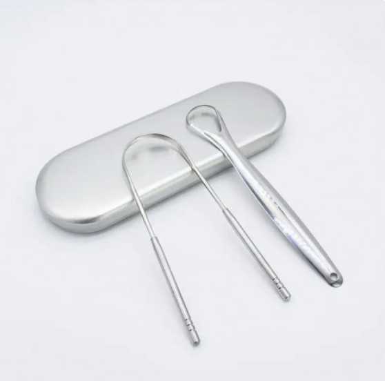 Set limpiador de lengua de acero inoxidable con estuche plateado