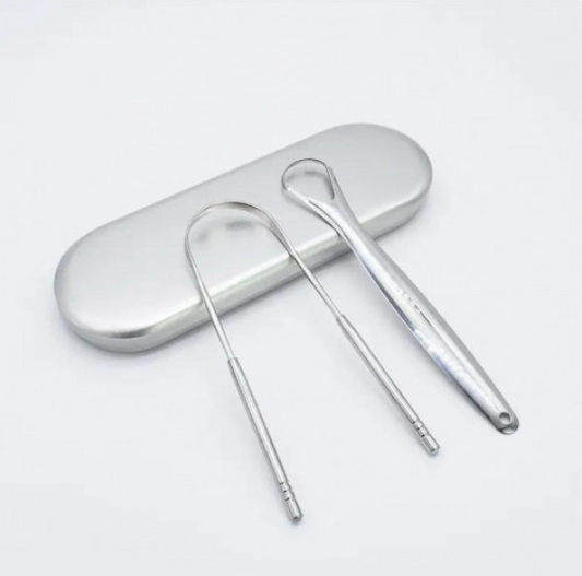 Set limpiador de lengua de acero inoxidable con estuche plateado