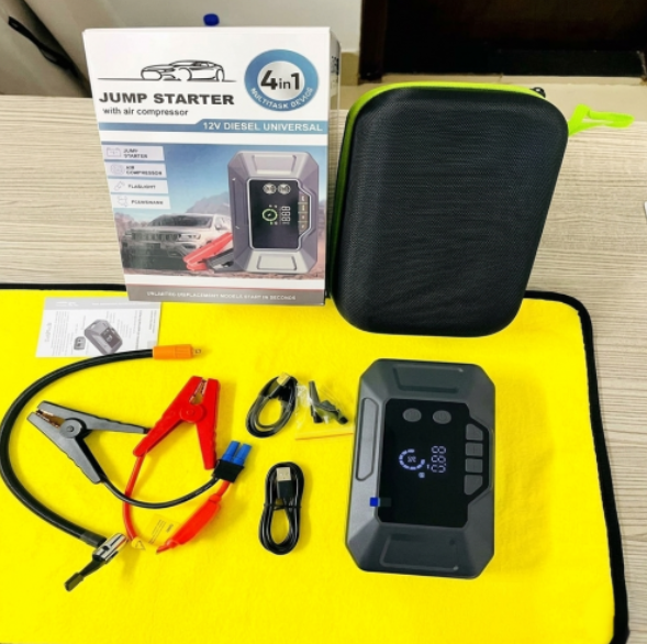 Jump Starter 4 en 1 arrancador de batería compresor de aire power bank y linterna 12V universal con estuche