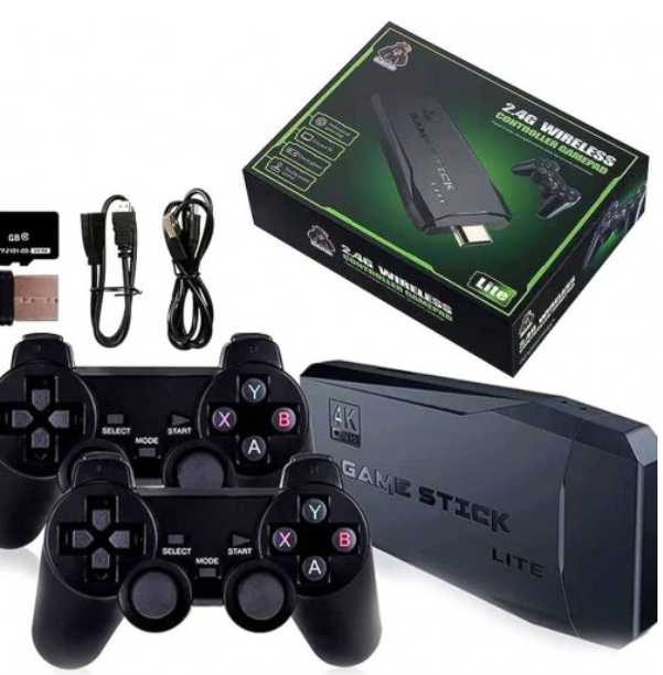 Game Stick Lite 4K 64GB con 2 controles inalámbricos negros y caja