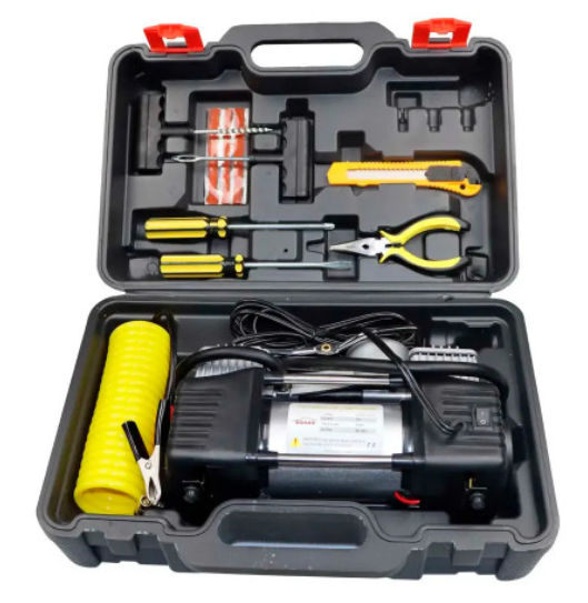 Kit compresor de aire 12V AM12V con herramientas de reparación destornilladores alicates y estuche rígido portátil