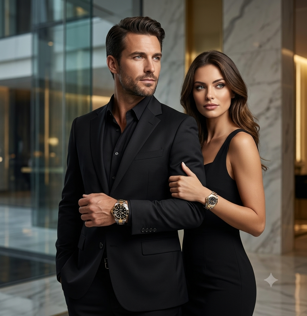 Lifestyle Rolex - Pareja elegante con relojes dorados
