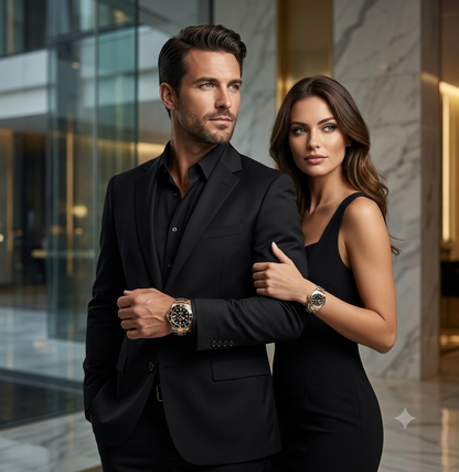 Lifestyle Rolex - Pareja elegante con relojes dorados